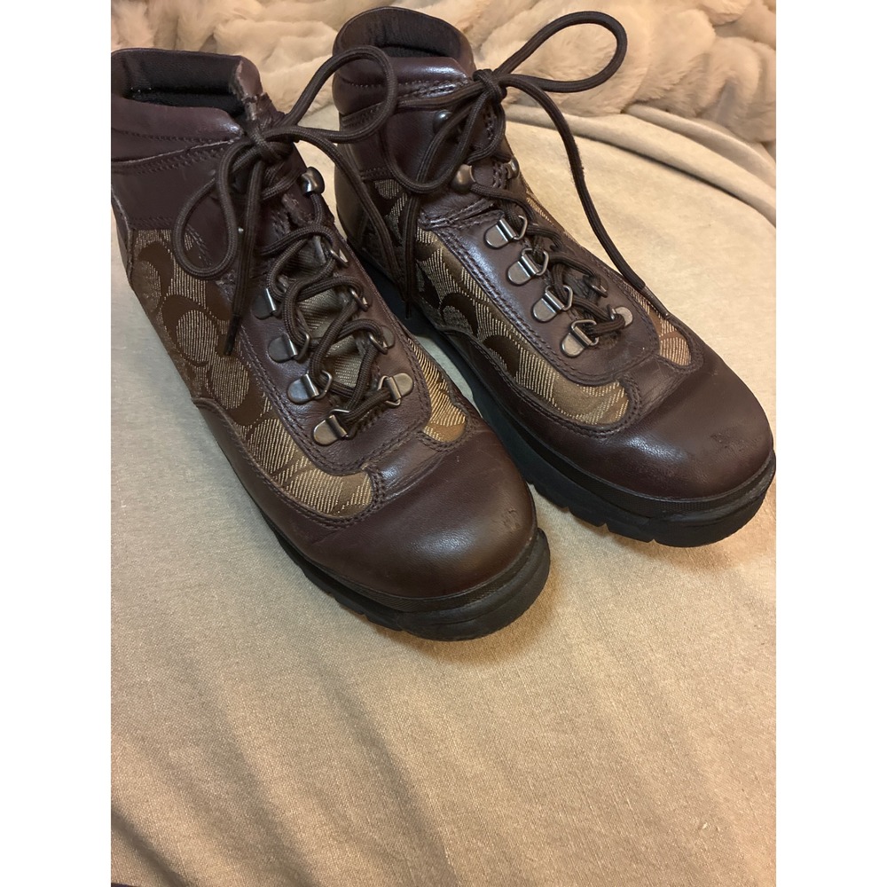 Coach Signature Monogram Leather Hiking Boots Brown Ankle Lug Sole Lace Up